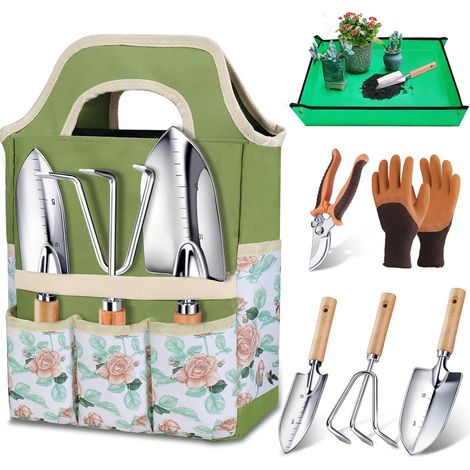 7 in 1 Gardening Kit with Non-Slip Wooden Handle, Stainless Steel Garden Tools with Potting Mat, Carry Bag, Practical Gift for Planter/Mother (1/5)