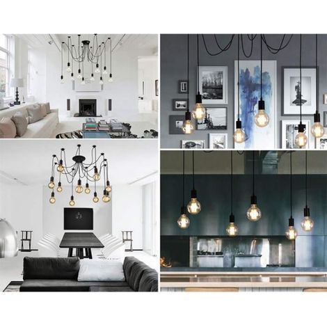 Suspension Lustre Araignée Noir - - 6 Bras - E27 Douille Rétro Industriel - Ajustable Longueur (1/4)