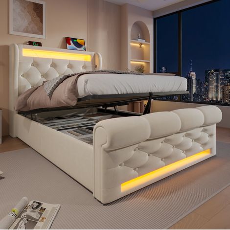 Letto imbottito moderno 90x200 cm con LED, velluto beige (1/5)