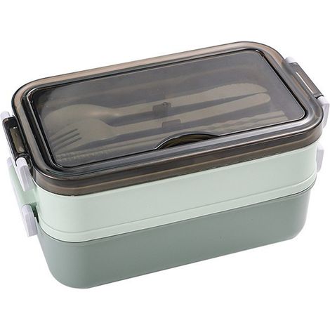 Zweistöckige Lunchbox – mikrowellengeeignet – Aufbewahrungsbox für Lebensmittel – Bento-Box für Schüler, Kinder und Büroangestellte – grün (1/4)