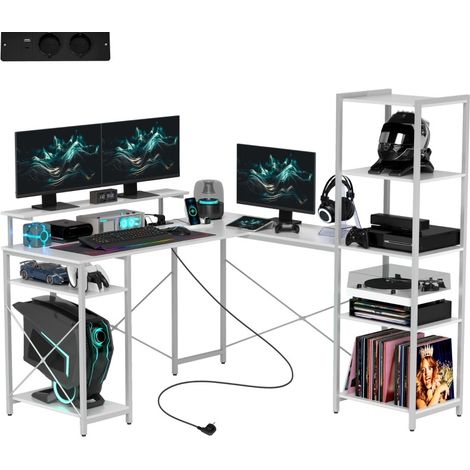 Bureau d’angle gaming en L avec étagères, support écran, prise, USB et USB-C, meuble informatique pour bureau à domicile et chambre, blanc  CHICFURN (1/5)
