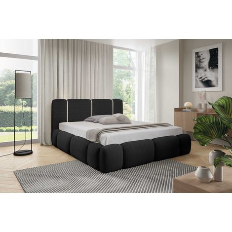 Emporius Lit rembourré 160x200 cm Avelin avec LED, sommier métallique, lit coffre, tissu bouclé - noir (1/5)