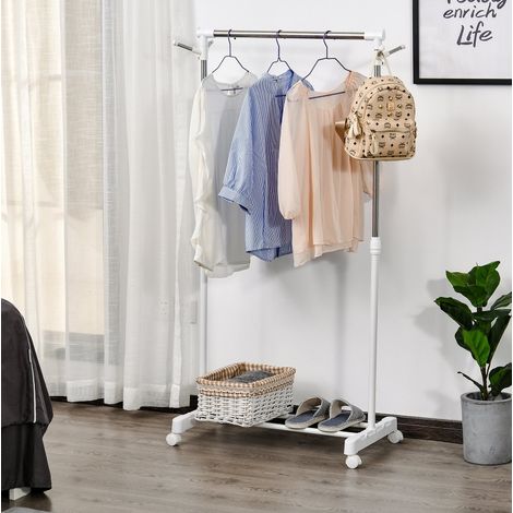 Höhenverstellbare rollbare Kleiderstange mit unterem Ablageboden, 4 Rollen, weiß HAVRYA (1/5)