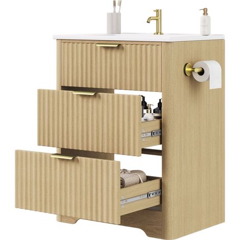 ELVMI Waschbeckenunterschrank mit 2 Schubladen und Beidseitigem Papierhalter, für Bad, MDF, 61 x 47 x 82 cm, Naturholz (1/5)