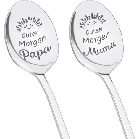Cuillère À Café - Acier Inoxydable - Gravure Papa Et Maman - Pour Petit Déjeuner Et Cadeau - Lot De 2 (1/5)