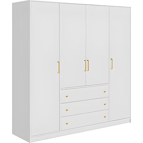 Vente-Unique – Armoire 4 portes 3 tiroirs L196 cm blanc – Panneau de particule mélaminé – 10 lingères et penderie – À fixer au mur (1/4)
