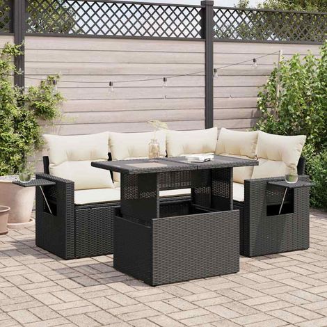 Set de muebles de jardín 5 pzas y cojines ratán sintético negro vidaXL (1/5)