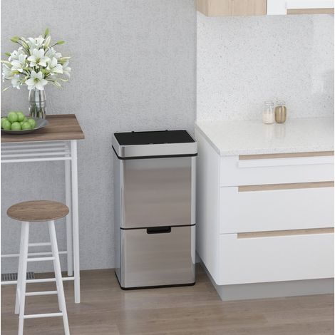Cubo de basura automático con sensor 72 L, 3 compartimentos, acero inoxidable plateado OKMYHOME (1/5)