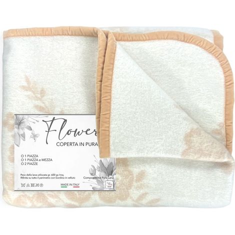 Coperta Flower in 100% Pura Lana Morbida e Calda con Bordino in Velluto - Comfort ed Eleganza, Design Classico - Made in Italy 1 PIAZZA (1/5)