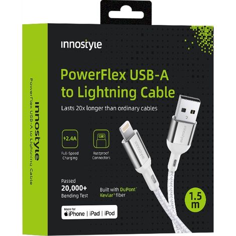 Cavo Innostyle PowerFlex USB Lightning con ricarica rapida MFi per iPhone, in kevlar, 2 m, argento. (1/5)