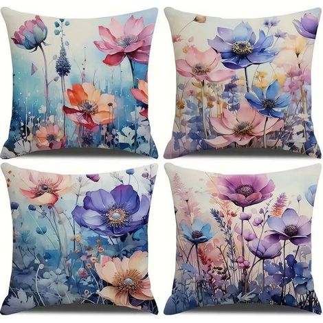 Lot de 4 housses de coussin carrées modernes avec fleurs colorées - Pour canapé, lit, voiture, salon - 45 x 45 cm
