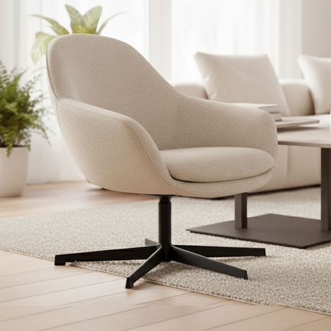 Fauteuil pivotant 74x72x81cm tissu bouclé crème et pied en métal noir