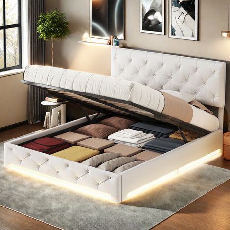 Letto contenitore 140 x 200 cm, letto 140x200 con rete, letto matrimoniale, letto imbottito, struttura letto, con LED, beige, lino (1/5)