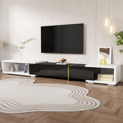 DESMIU Meuble TV 140-260 cm rotatif avec rangement, finition marbre blanc et noir, pour salon (1/5)