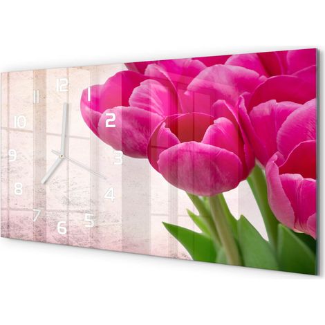 Horloge Murale Originale 60x30 cm Verre Trempé Cadeau Maison Moderne Tulipes roses (1/5)