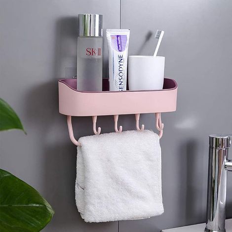 1 étagère de salle de bain autocollante rectangulaire, panier de rangement étagères, organiseur de douche mural pour douche, cuisine, sans perçage, avec crochet de suspension (rose) (1/5)