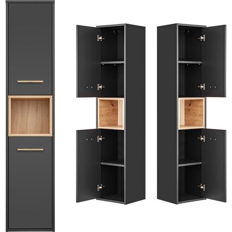 Badezimmer Hochschrank BOLOGNA-56 in anthrazit mit Artisan Eiche Nb., B/H/T: ca. 36/170/33 cm (1/5)