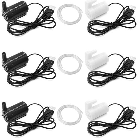 Lot de 6 mini pompe submersible USB, 3 x noir horizontal et 3 x blanc vertical et tuyau de 3 m, pompe à eau d'aquarium DC 3-5 V, pompe USB pour fontaines, aquariums, fontaine d'intérieur et (1/5)