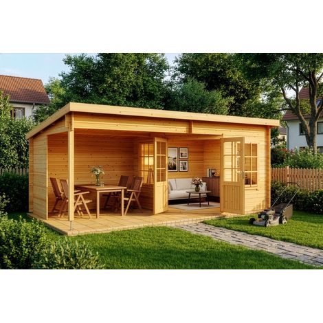 Alpholz Gartenhaus aus Holz in Pinie, Holzhaus mit 28 mm Wandstärke inklusive Terrasse Blockbohlenhaus (1/5)
