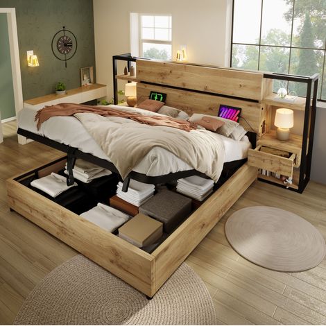 Letto matrimoniale industriale 160x200 cm, MDF e metallo, color rovere, con testiera portaoggetti e presa USB/Type-C, con materasso (1/5)