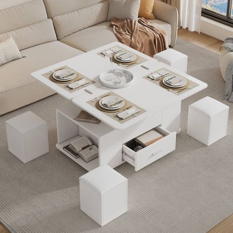 Table basse relevable 4en1  avec 4 tabourets, tiroirs et rangement, convertible en table à manger, blanc (1/5)