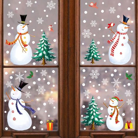 Décorations de Noël pour fenêtres : bonhomme de neige et flocons de neige, autocollants festifs pour vitres, décorations intérieures pour les fêtes de fin d'année (1/5)