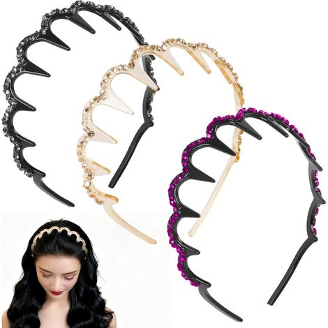 Serre-tête ondulé avec strass et dents en cristal pour femme, bandeaux durs antidérapants (gris + or + violet)) (1/5)