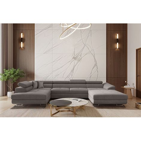 Wohnlandschaft Schlafsofa Sofa CARMELO in Stoff Nova Grau Ottomane Rechts (1/3)