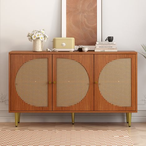 Sideboard 129.8x40x76 cm Walnuss in Spanplatte mit 3 Türen, Rattan-Detail, verstellbaren Einlegeböden und Metallbeinen (1/5)