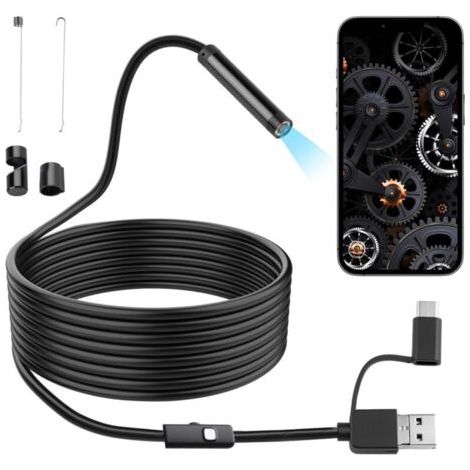 Caméra Endoscopique HD avec 6 LED Réglables, 1080P Endoscope Industriel Étanche IP67 3 en 1 USB Type-C/Micro-USB, Caméra d’Inspection pour Android, PC, Automobile, Canalisation, Plomberie(5M)