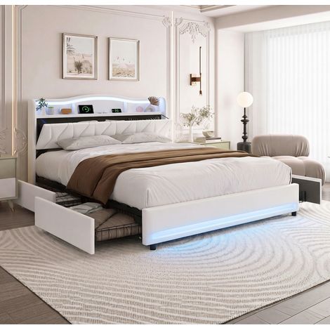 Lit 160 x 200 avec sommier, lit rembourré avec tiroirs, Lit 2 places avec LED et USB, tête de lit rembourrée avec rangement, cadre de lit à lattes, beige (1/5)