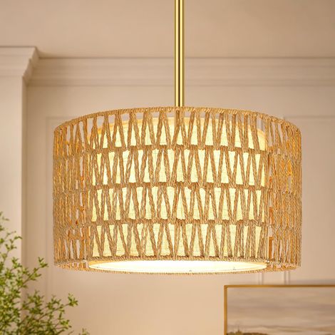 Suspension en rotin 3 lumières avec abat-jour en lin, doré, E27 Rotin tressé main, double abat-jour amovible, réglable jusqu’à 149,9 cm, pour plafond droit ou incliné (1/5)