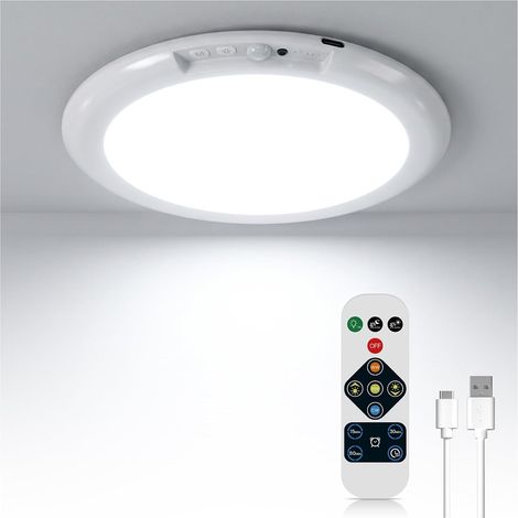 Plafonnier LED Rechargeable Sans Fil avec Télécommande, 10000mAh Plafonnier LED Detecteur de Mouvement, 3 Températures de Couleur Dimmable pour Garage, Escalier, Salle de Bain (1/5)