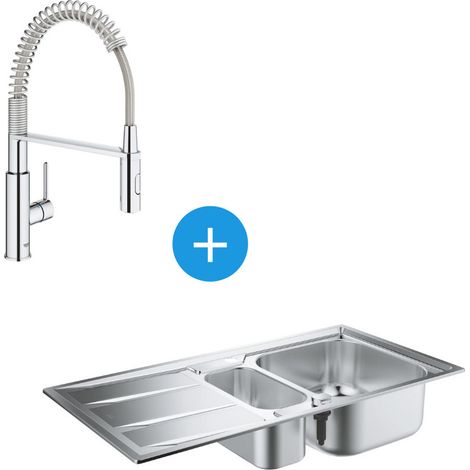 Kit Evier cuisine K400 à encastrer 965x500mm Acier inoxydable + Mitigeur Get semi-pro ressort & douchette 2 jets (31567SD0-SET3)