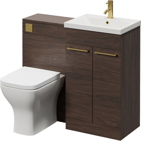 Napoli 390 Brown Oak 1000mm 2 Door Vanity Unit Toilet Suite with Glide Basin - 1000mm - Brushed Brass 160mm HandleWith Kingston Toilet Pan and Seat