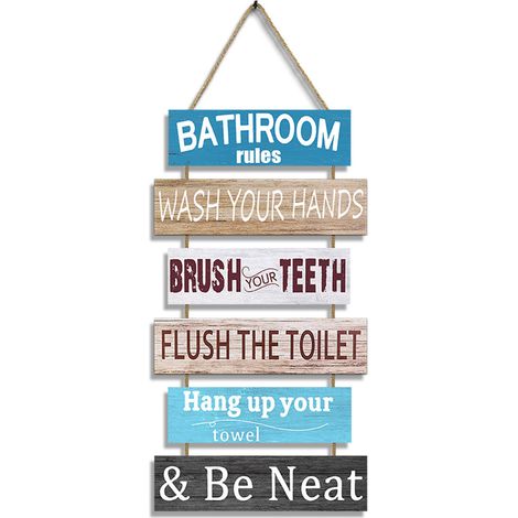 Decoración de pared: Letrero colgante "Reglas del baño", hecho de madera, accesorio decorativo para el dormitorio. (1/5)