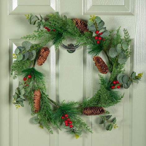 50cm Hanging Christmas Eucalyptus Wreath with Red Berries and Pinecones (1/5)