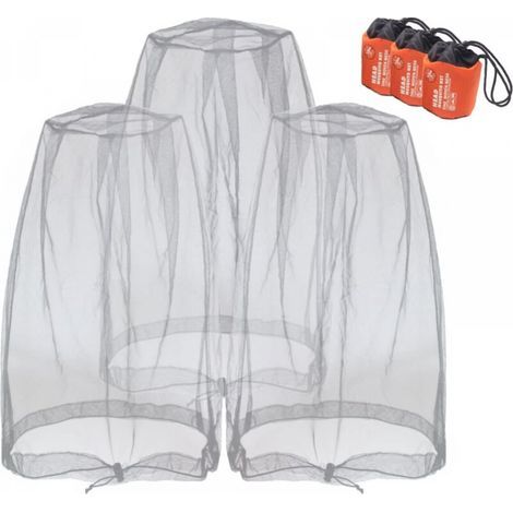 3x Filet anti-insectes pour tête et visage, moustiques et moucherons, polyester fin, réglable, avec sac de rangement, gris