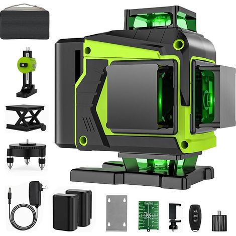 Self-leveling Laser Level 4 x 360°, Green 4D 16 Lines Lazer Levels, Self-Leveling Laser Level 360 with 2 x Batteries, IP54, Rotary Support, Remote Control & Transport Case (1/5)