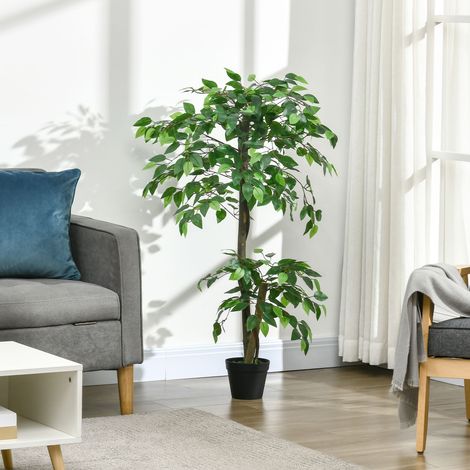 Outsunny Arbre Artificiel Ficus, Hauteur 1,2 m, Tronc+Branches+Liane+Lichen+Feuilles, Rendu Réaliste, Pot Inclus, Décoration Intérieur/Extérieur