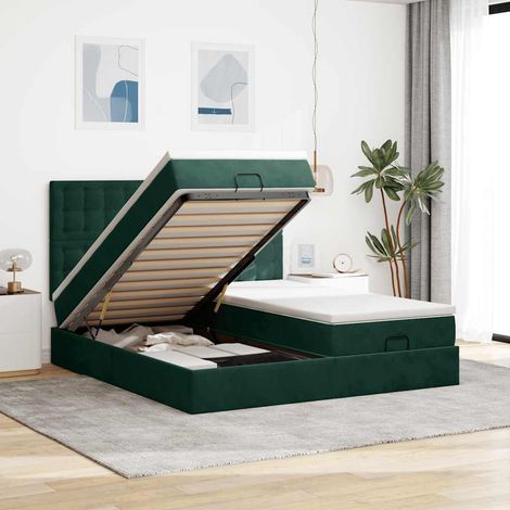Cadre de lit ottoman avec matelas vert foncé 160x200 cm velours
