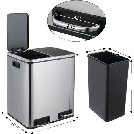 Poubelle à compartiments, double compartiment, fonctionnement à pédale, Argent -2x15L(8Gal) (1/2)