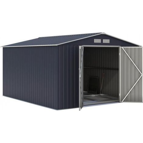 Abri de jardin métal 8,84 m² – 277 x 319 x 202 cm – Acier galvanisé traité anti-corrosion – Kit d'ancrage inclus – 2 portes battantes – Gris (1/3)