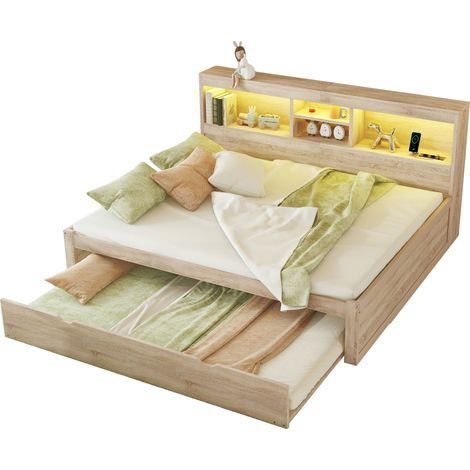 Canapé-lit 140x200 cm avec LED, prises USB, rangement latéral et lit gigogne, sans matelas, bois clair pour chambre d'enfant - CHICFURN (1/5)