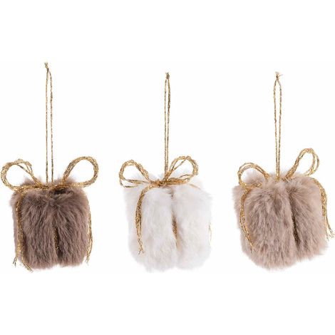 Addobbi albero di Natale a pacchetto dono in morbido eco-fur con fiocchetto oro e cordino per appendere, set da 36 pezzi, cm 4,5 x 4,5 x 5 H