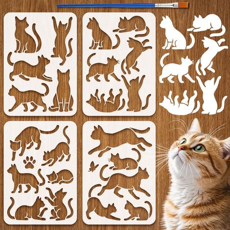 4 Pochoirs Silhouette de Chat Avec Pinceau 29.7x21cm Pochoirs Réutilisables Dessin Chat Décoration Maison DIY Pochoir Plastique Thème Animal Modèle pour Peinture sur Bois Mur Tissu Sol (1/5)