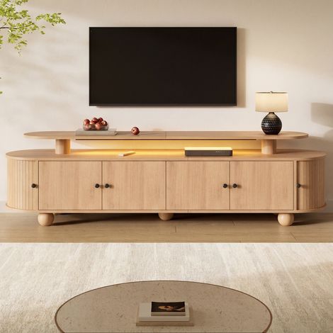 Meuble tv 180x40x48cm double plateau 4 portes centrales 2 portes coulissantes led - mdf - naturel (1/5)