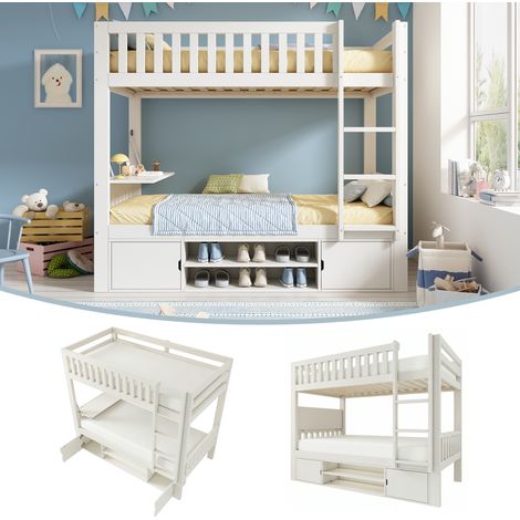 Lit mezzanine enfant blanc 90×200 cm avec tablette rabattable et range-chaussures intégré, sommier à lattes, solution tout-en-un gain de place, conforme à la norme EN 747, matelas non inclus