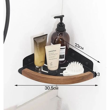 (A) Ensemble d'étagères de salle de bain en bois, étagère de douche, étagère murale de salle de bain en bois, support pour sèche-cheveux, étagère d'angle pour salle de bain (1/5)