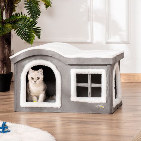 Maison d'intérieur pour chat avec 2 entrées et une fenêtre, tapis et fond antidérapants, 63,5 x 37 x 40 cm, grise (1/5)